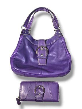 Coach Soho Purple Leather Shoulder Bag with Matching Wallet